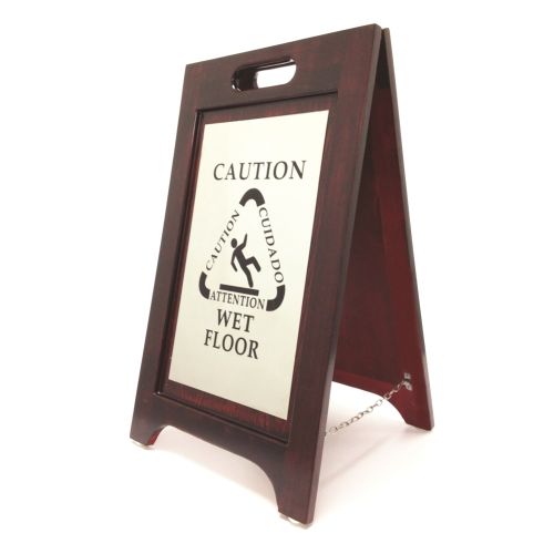 Cartel para Piso Mojado Hospitality 1 Source® Caution, Bilingüe en Inglés, Acabado Nogal, Placa de Níquel